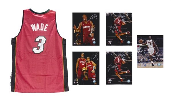 Dwayne Wade Lot of 1 Signed Miami Heat Jersey & 5 8x10 Signed Photos